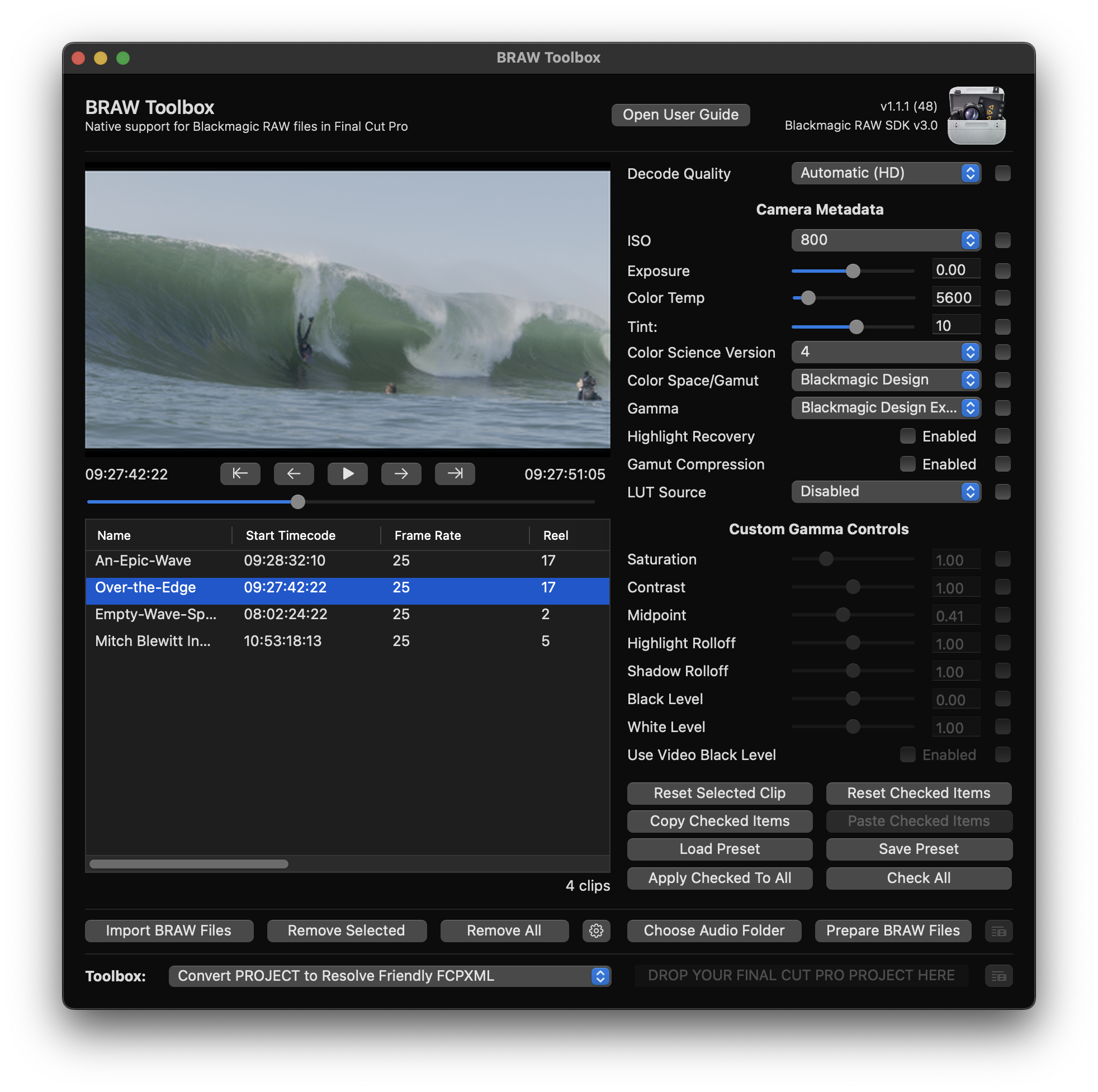 Screenshot of BRAW Toolbox in Action. Surf footage by Adrian Emerton.