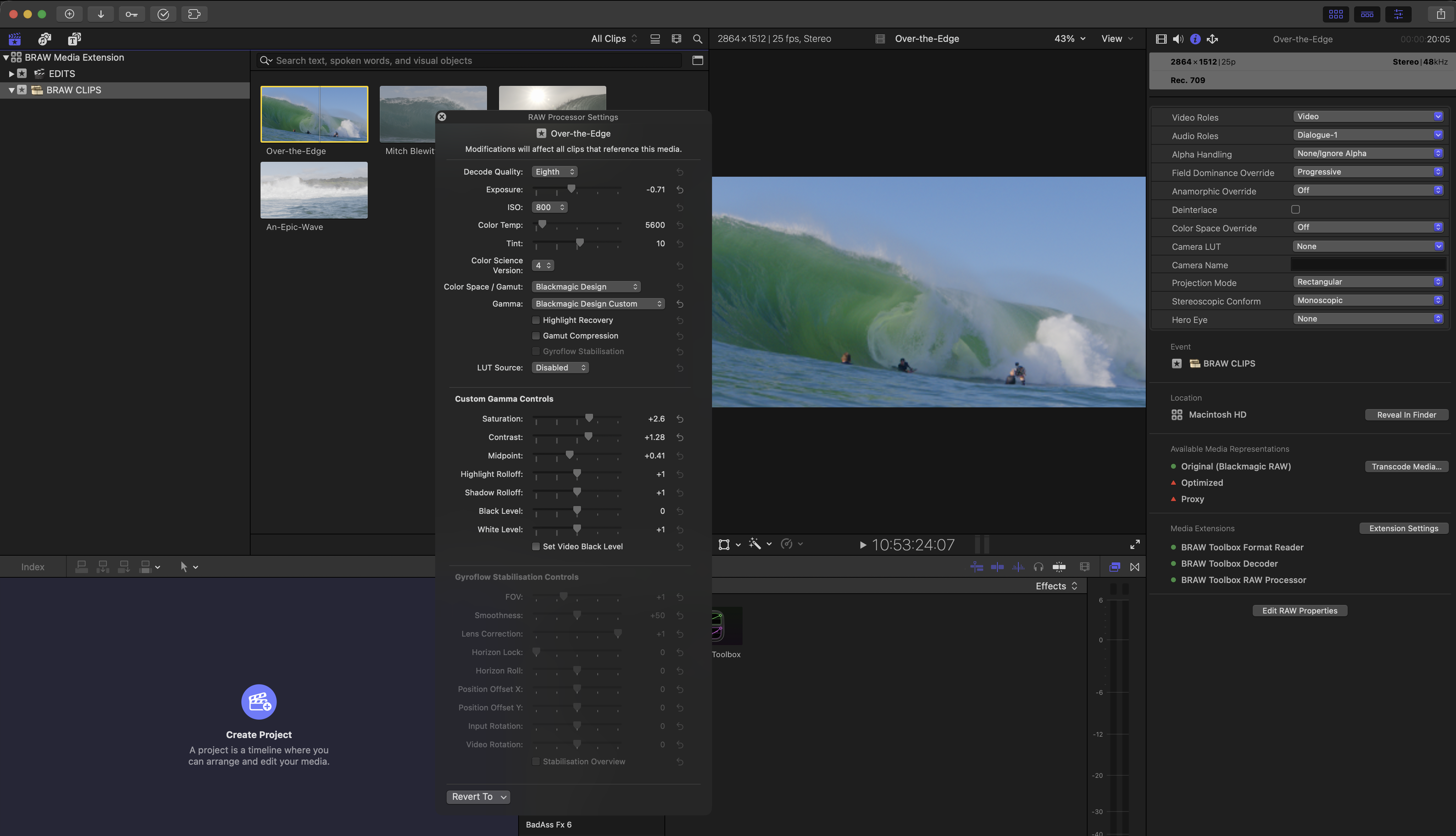 Screenshot of BRAW Toolbox in Action. Surf footage by Adrian Emerton.